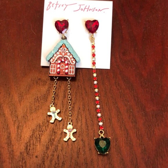 Betsey Johnson Jingle Bell Bling Gingerbread House Heart Mismatch Drop Earrings - Picture 4 of 14
